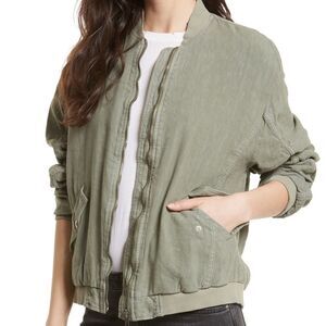 Free People Army Green Ruched Linen Bomber Jacket